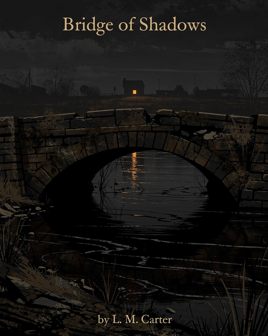 Crime novel cover with a river and old bridge at night