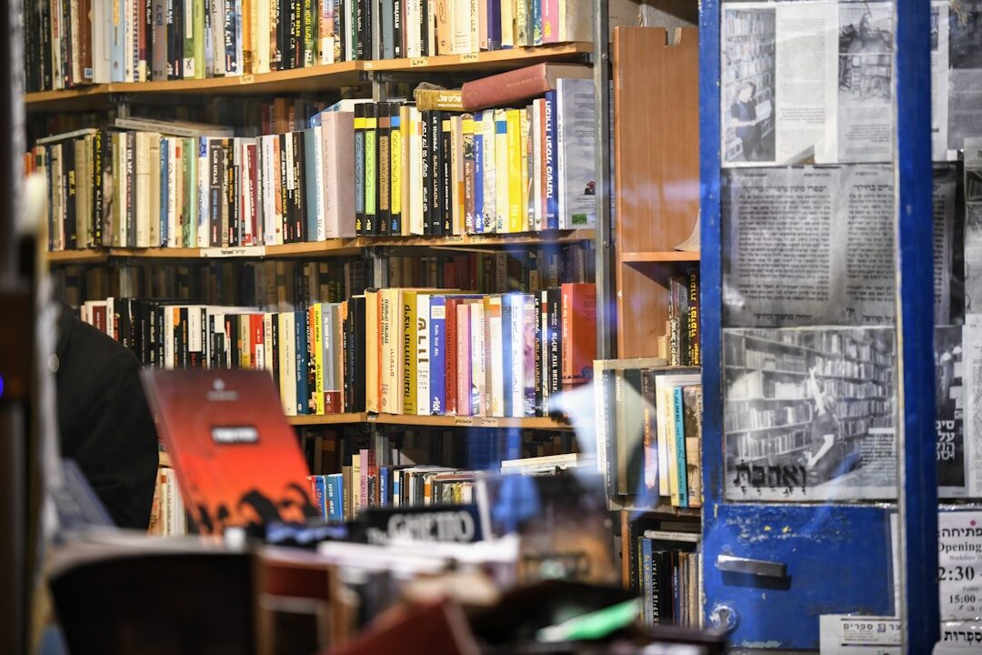 old bookstore shelves with mystery books