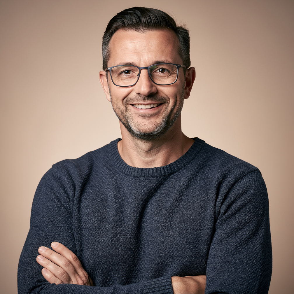 Studio portrait of a Belgian man in his forties with glasses