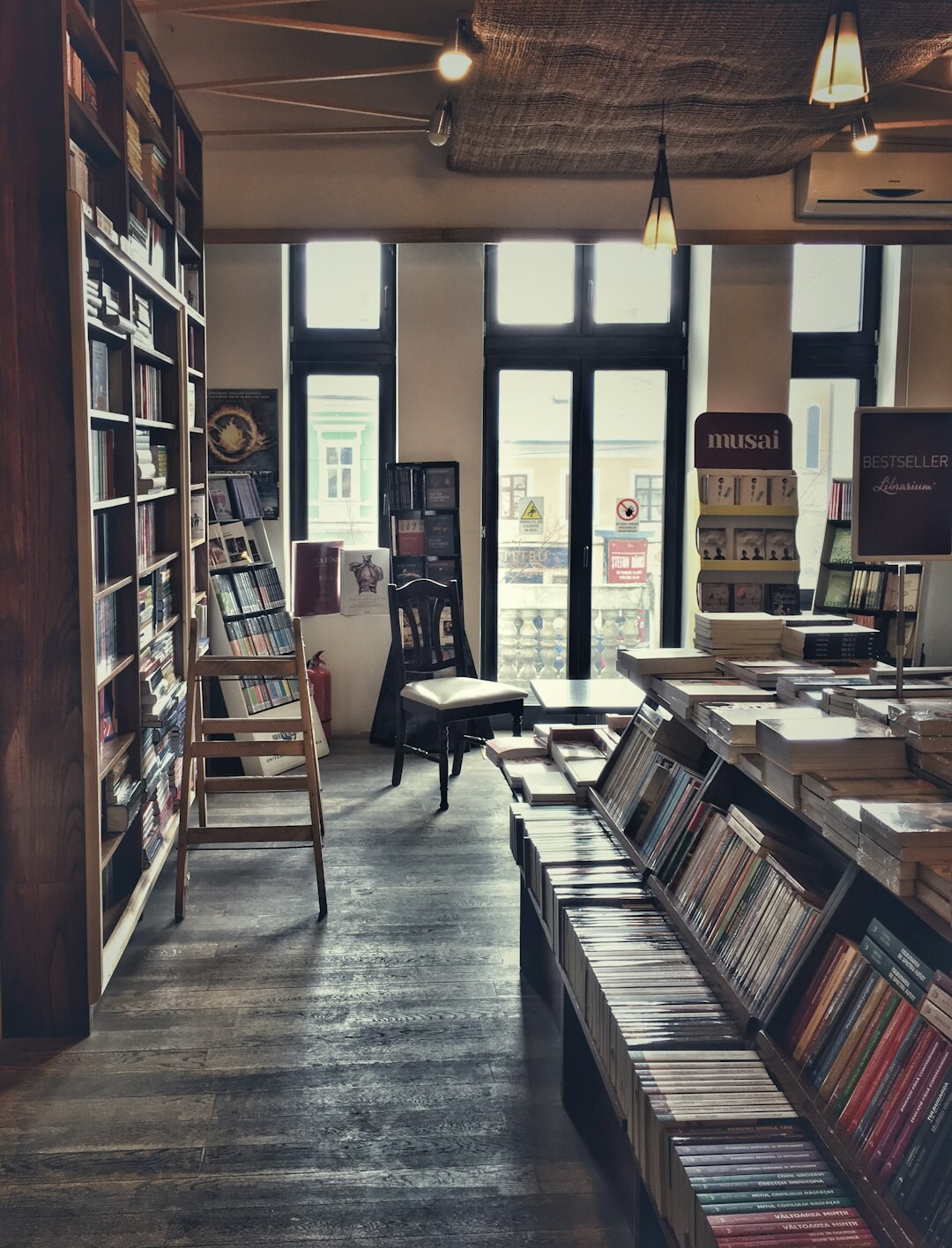 bookstore shelves with detective books