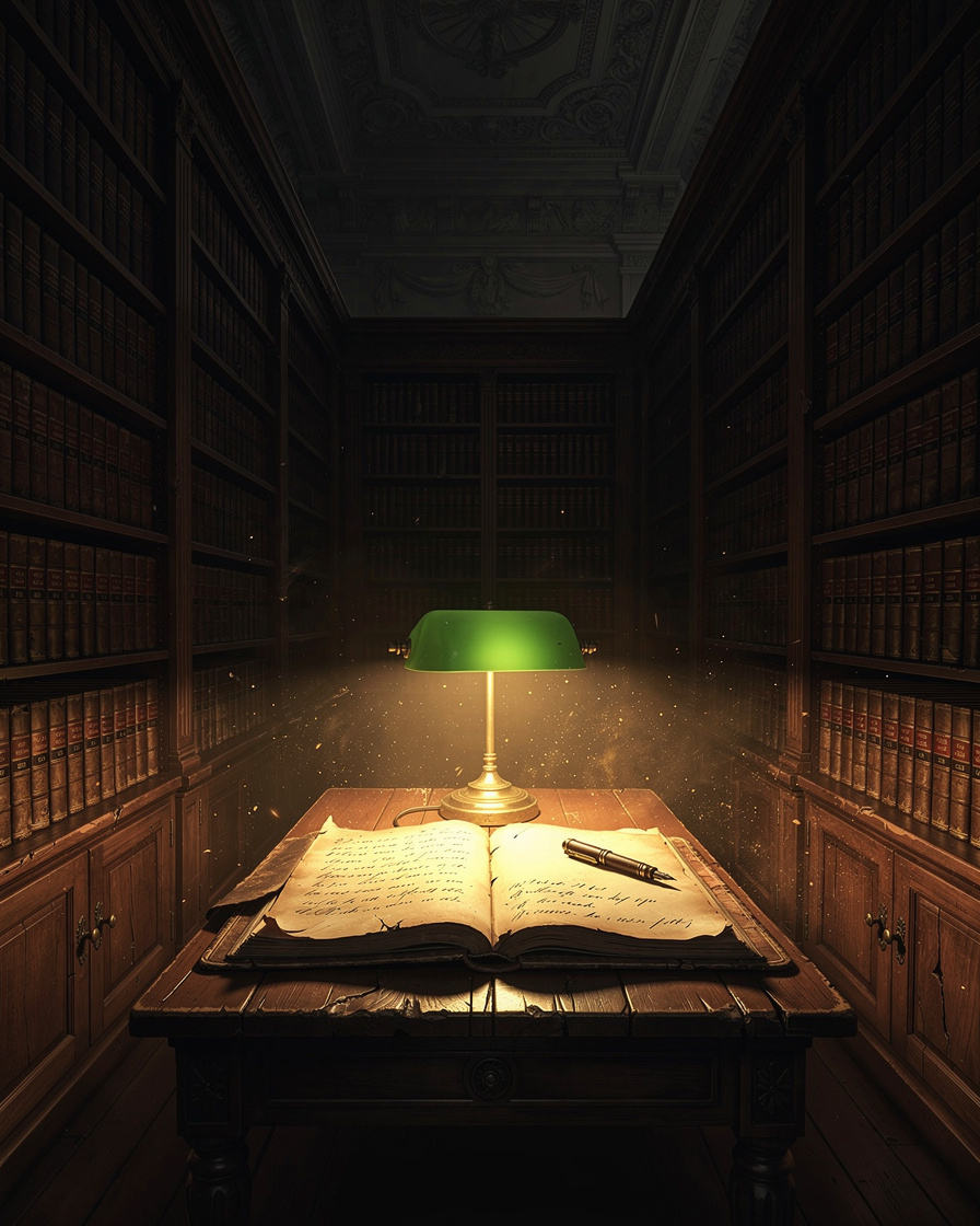 Crime novel cover with an old law library