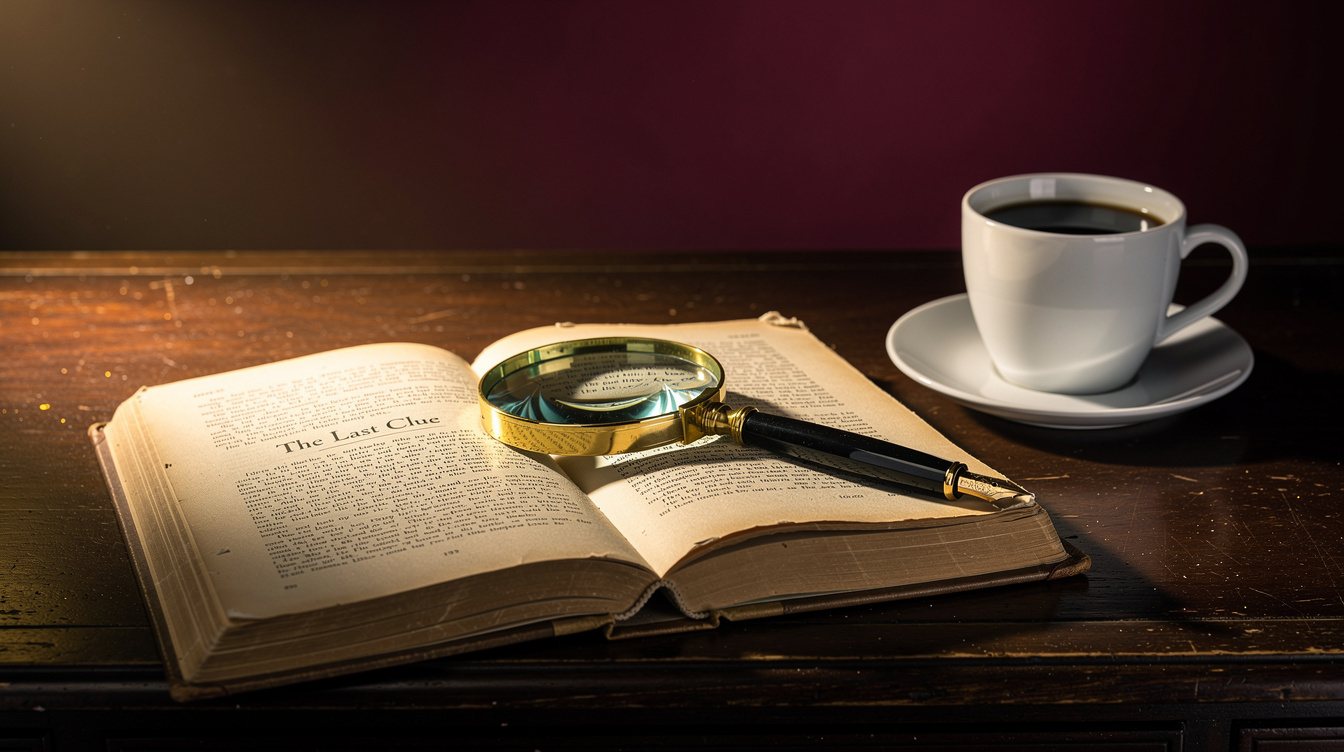 Vintage detective desk with magnifying glass and open book